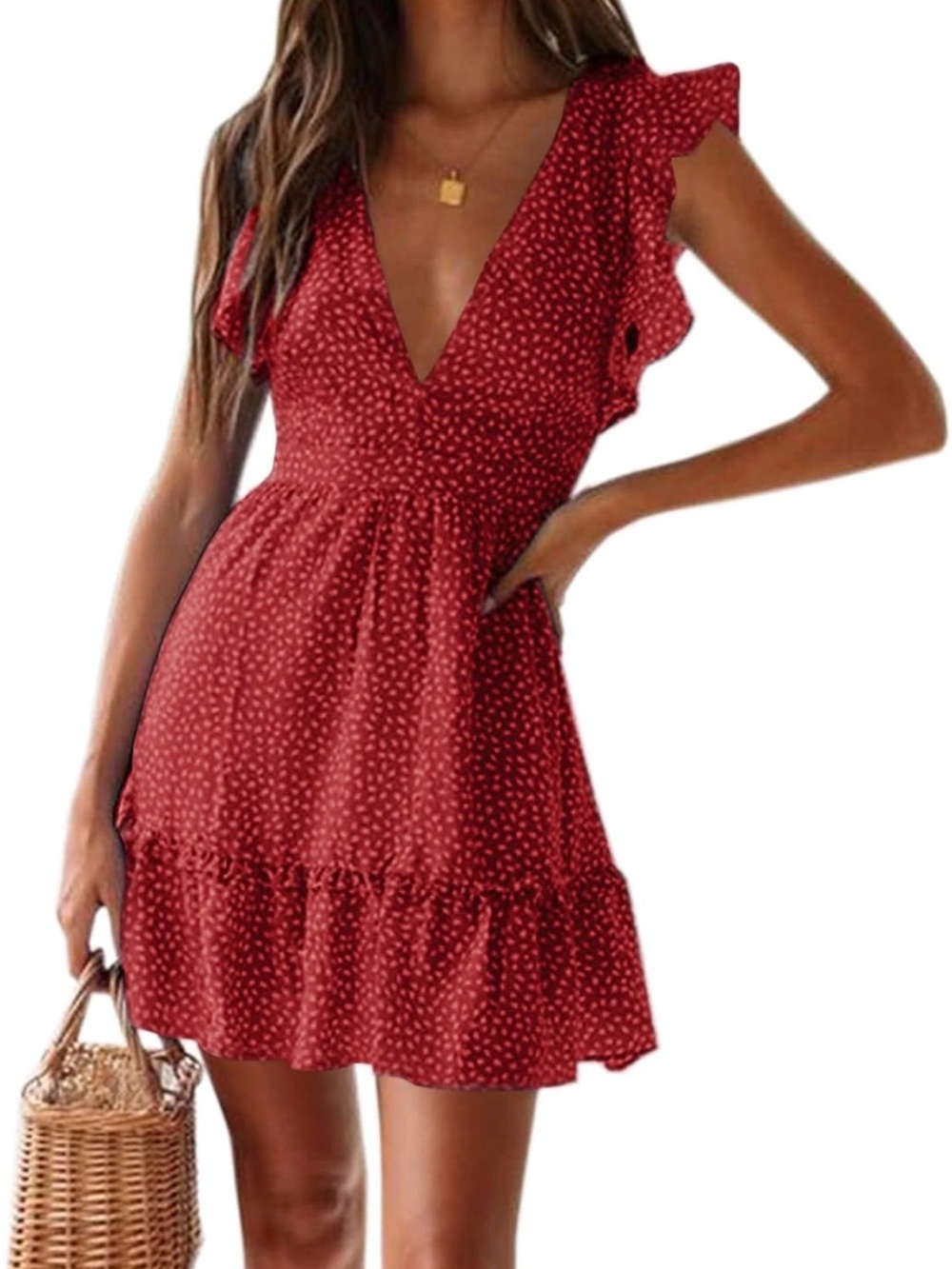 Women’s Red Polka Dot V-Neck Ruffle Sleeve Dress